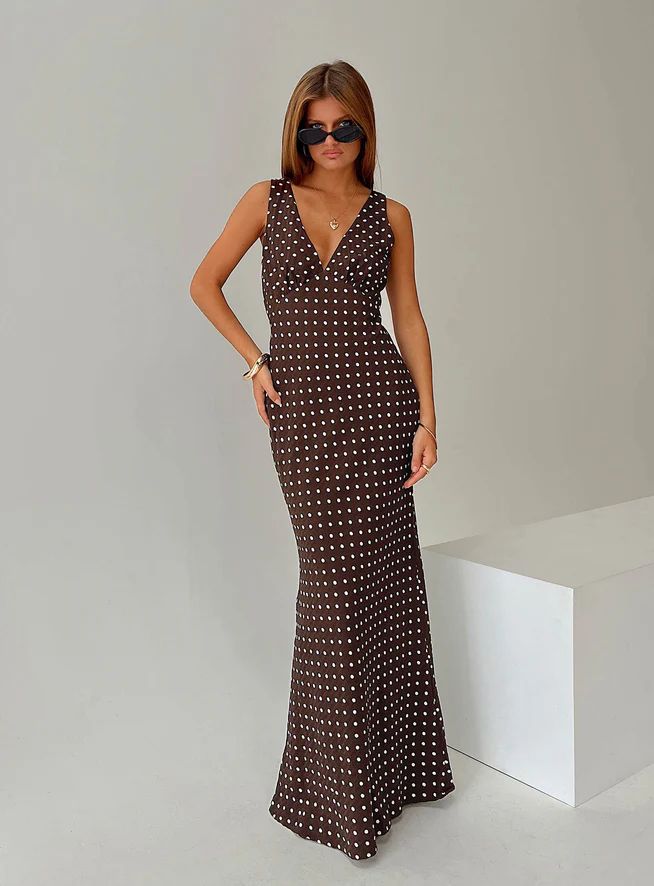 Nellie Maxi Dress Brown Polka Dot | Princess Polly US