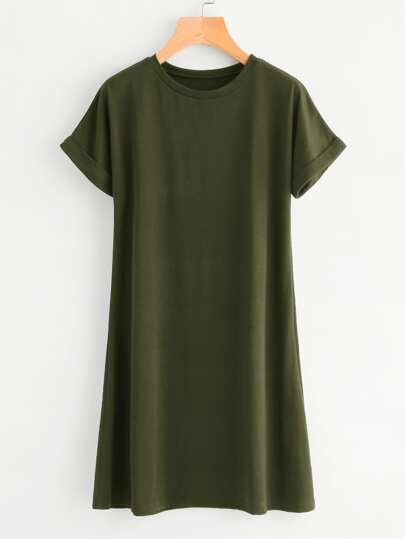 Rolled Sleeve Basic Tee Dress | ROMWE