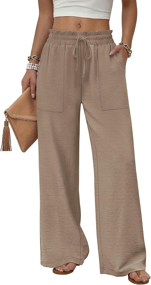 WIHOLL Women's Wide Leg Pants with Pockets Drawstring Loose Trousers Business Work Pants Summer B... | Amazon (US)