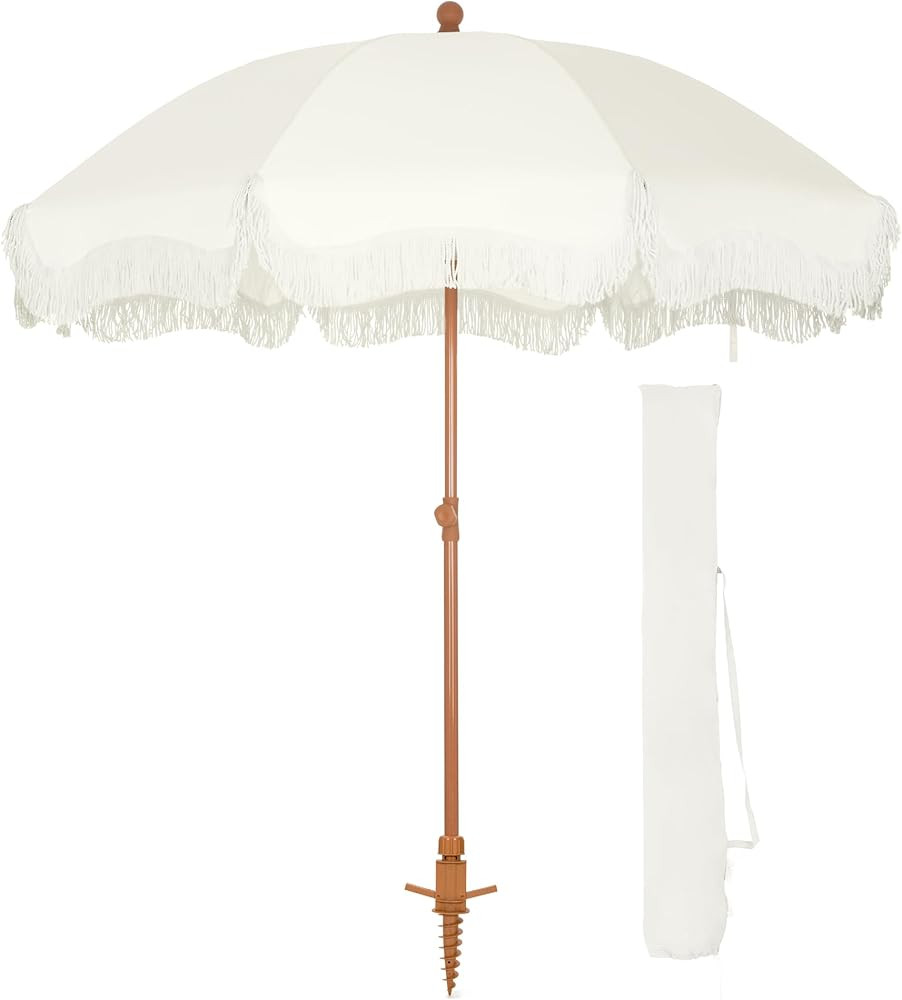 HERA'S PALACE 7ft Heavy Duty Beach Umbrella with Sand Anchor, Fringe Umbrella for Sand, UV 50+, P... | Amazon (US)