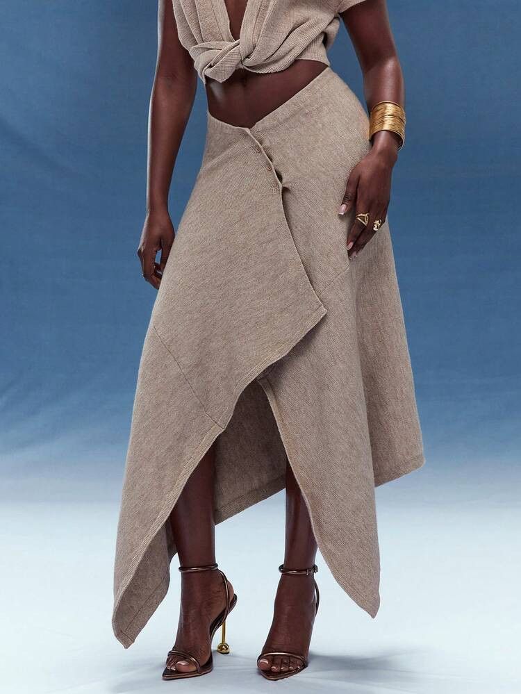 Normani Asymmetrical Hem V-Waist Sweater Skirt, Fashionable, For Fall And Winter | SHEIN