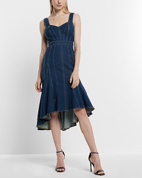 Denim Sweetheart Neckline Seamed Fit and Flare Midi Dress | Express