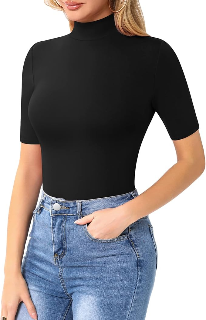 MANGOPOP Women's Mock Turtle Neck Slim Fit Long Half Short Sleeve T Shirt Tight Tops Tee | Amazon (US)
