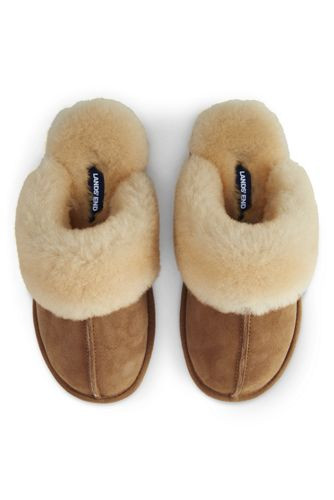Women's Suede Leather Fuzzy Shearling Fur Scuff Slippers | Lands' End (US)