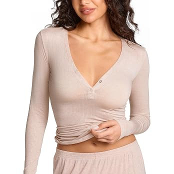 Natrelax Modal Ribbed Henley Shirts | Semi Sheer Fabric, Long Sleeve T Shirts, Going Out Tops, Co... | Amazon (US)