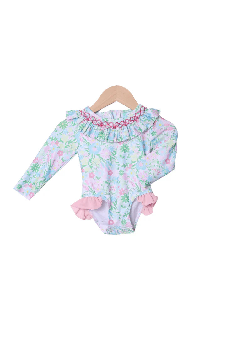 Smocked Ellie Floral Ruffle Swimsuit | The Smocked Flamingo