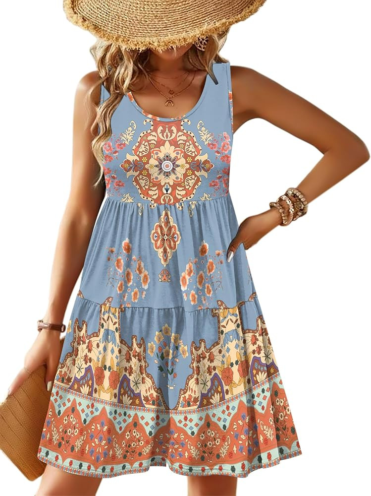 Zeagoo Womens Summer Sundress Boho Floral Casual Tank Dresses with Pockets Sleeveless Tiered Swin... | Amazon (US)