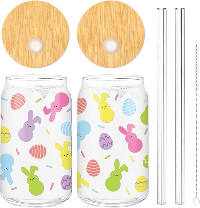Whaline 2Pcs Easter Drinking Glasses Easter Egg Bunny Glasses Cup with Lids Straw Colorful Holida... | Amazon (US)