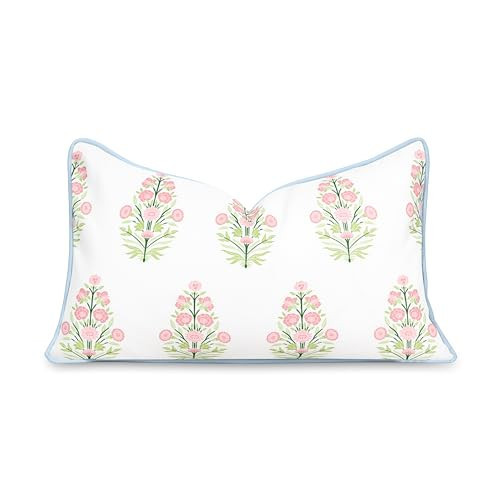 Hofdeco Premium Coastal Patio Indoor Outdoor Lumbar Pillow Cover Only, 12"x20" Water Repellent for Backyard, Couch, Pink Green Baby Blue Floral with Piping | Amazon (US)