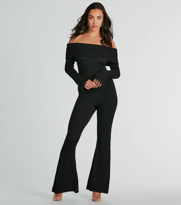 So Chic Off-The-Shoulder Long Sleeve Knit Jumpsuit | Windsor Stores