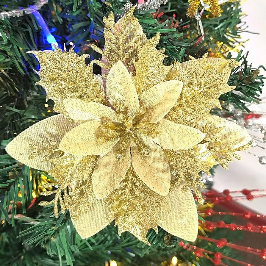 15 Pcs Christmas Flowers Artificial Poinsettia Flower Decorations with Clips and Stems, Glitter C... | Amazon (US)