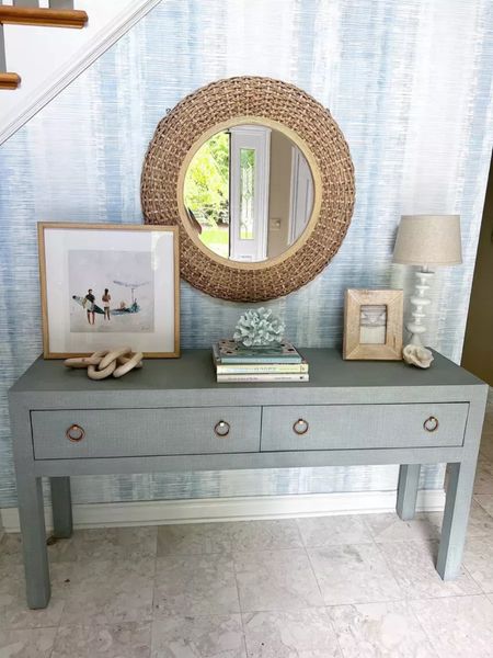 Love my Coastal blue console table and this entryway styling idea that is perfectly modern coastal chic! Can't forget my coastal blue wallpaper and I linked similar for the round mirror, coastal artwork, and other decor items on my accent table! (5/15)

#LTKhome #LTKstyletip