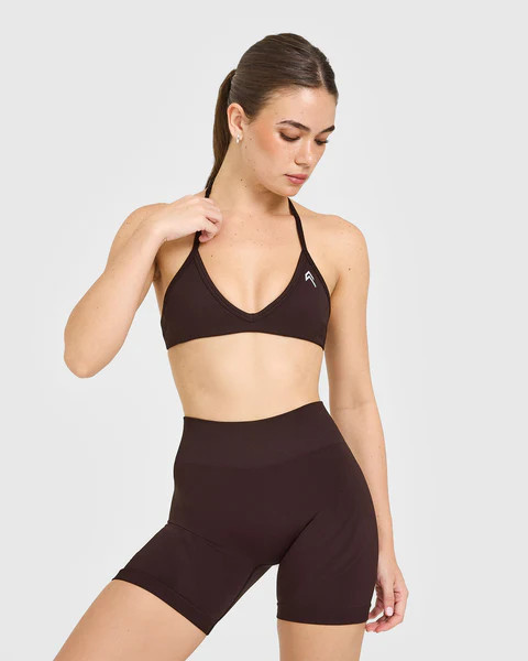 EnhanceLift™ Seamless Minimal Halter Neck Bralette with White Logo 
 Plum Brown | Oner Active (UK / US)