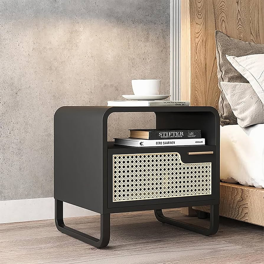 WestUx Rattan Modern Black Bedside Table,Minimalist End Side Table Solid Wood with Drawer Sturdy ... | Amazon (US)