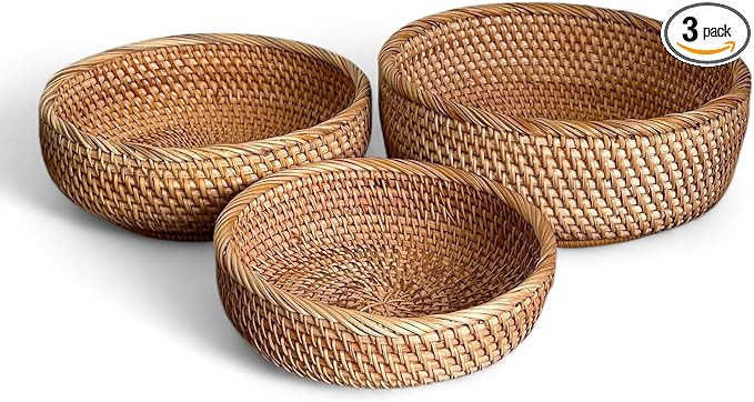 3 Pack Natural Rattan Round Fruit Bowl, Bread Basket, Small Wicker Basket, Handmade Rattan Kitche... | Amazon (US)