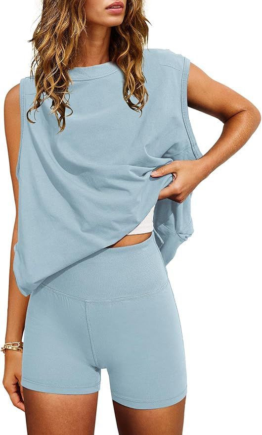 Nirovien Womens 2 Piece Lounge Set Two Piece Outfits Summer Tunic Tops High Waist Shorts Matching... | Amazon (US)