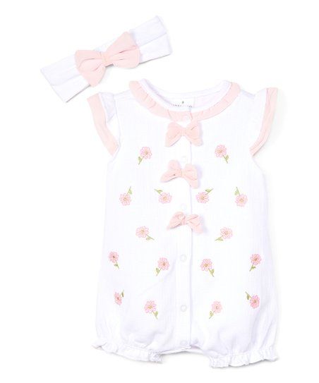 White & Pink Bow Angel-Sleeve Romper & Headband - Infant | Zulily