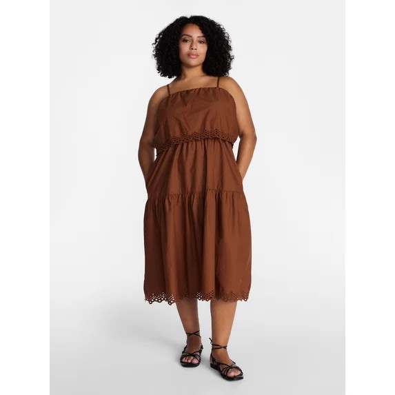 Time and Tru Women's and Women's Plus Sleeveless Cotton Midi Dress with Eyelet Trim, Sizes XS-4X | Walmart (US)