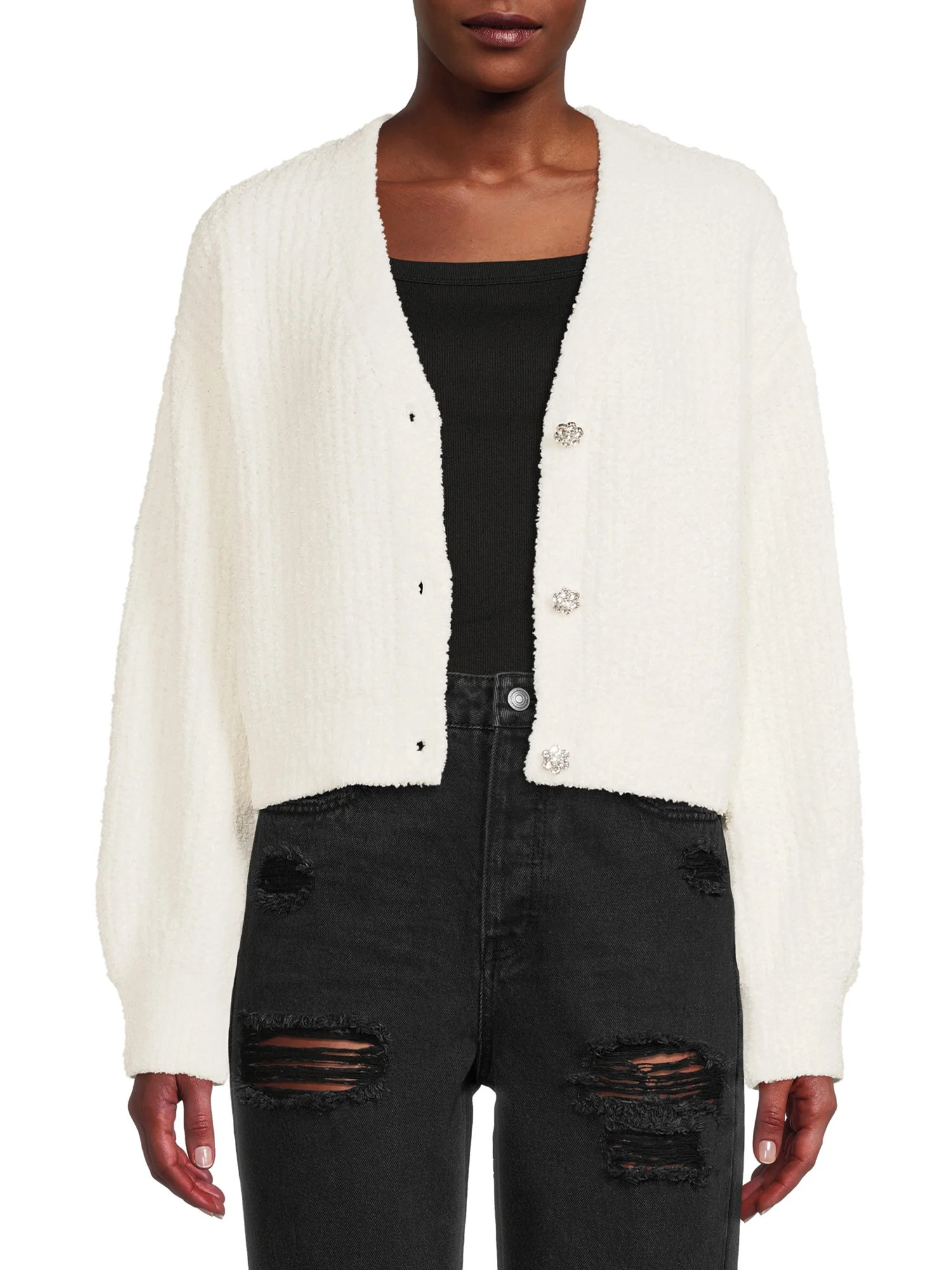 No Boundaries Juniors Ribbed Jewel Button Cardigan | Walmart (US)