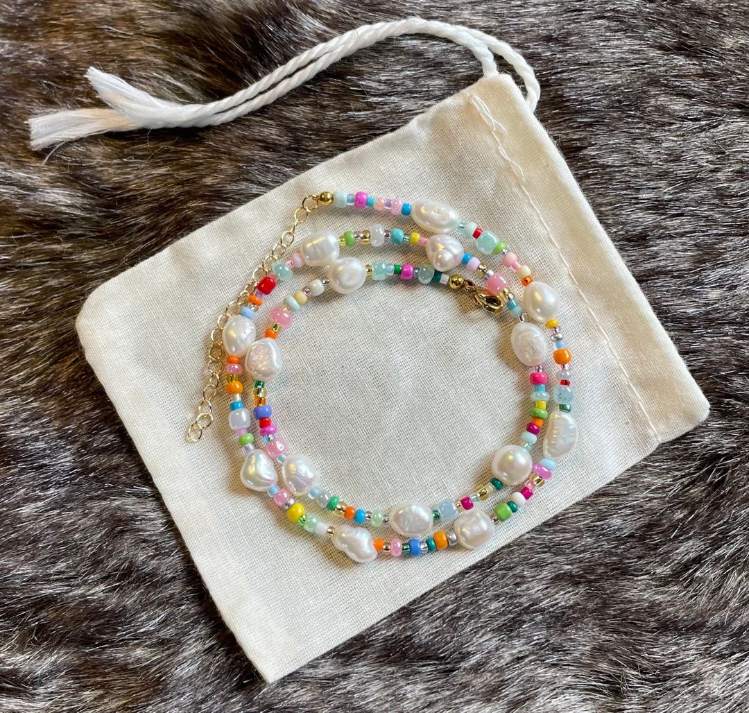 Multicoloured Beaded Necklace Freshwater Pearls Colourful Beads Handmade Adjustable Customisable ... | Etsy (US)