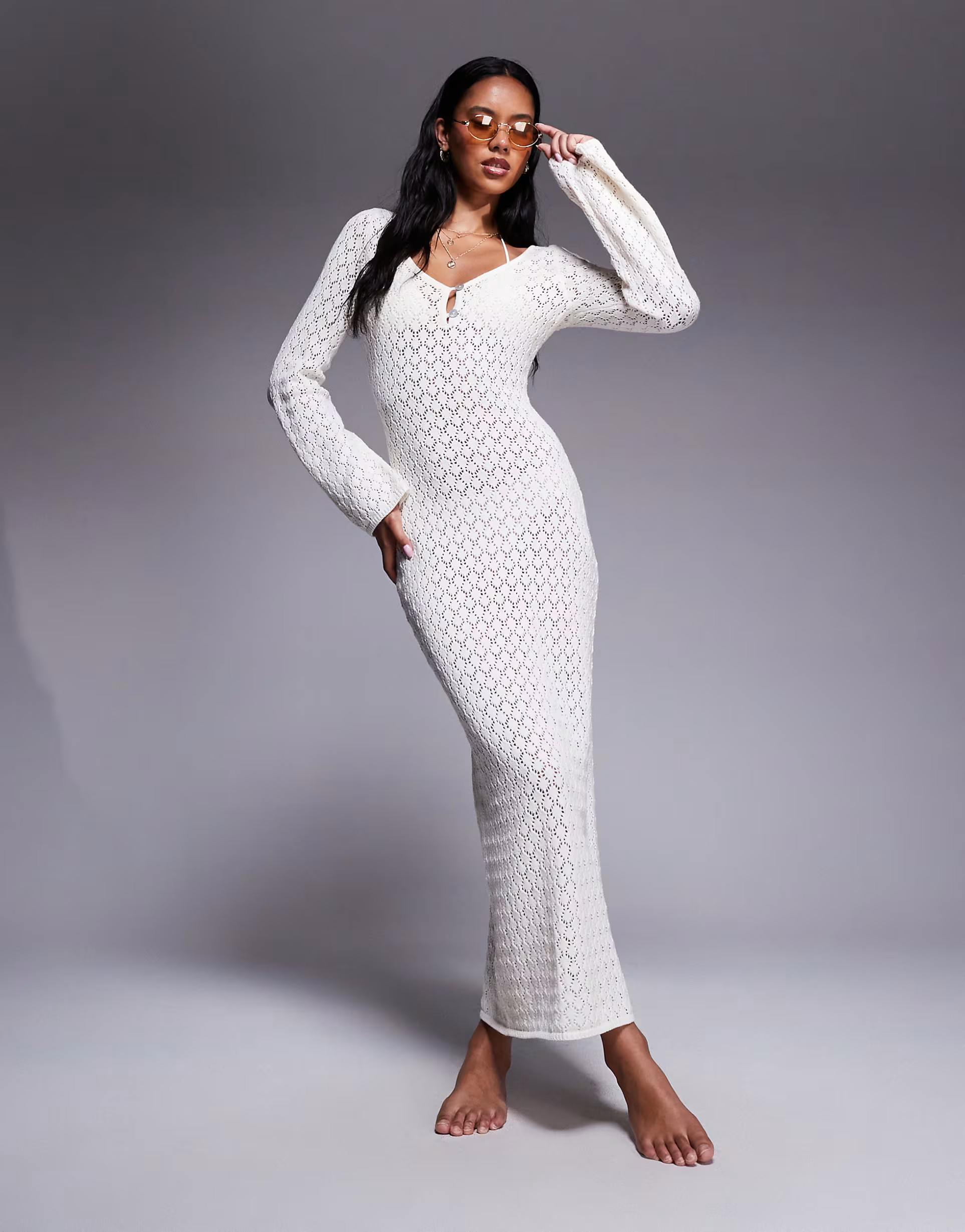 The Frolic exclusive crochet longsleeve maxi dress in cream | ASOS (Global)
