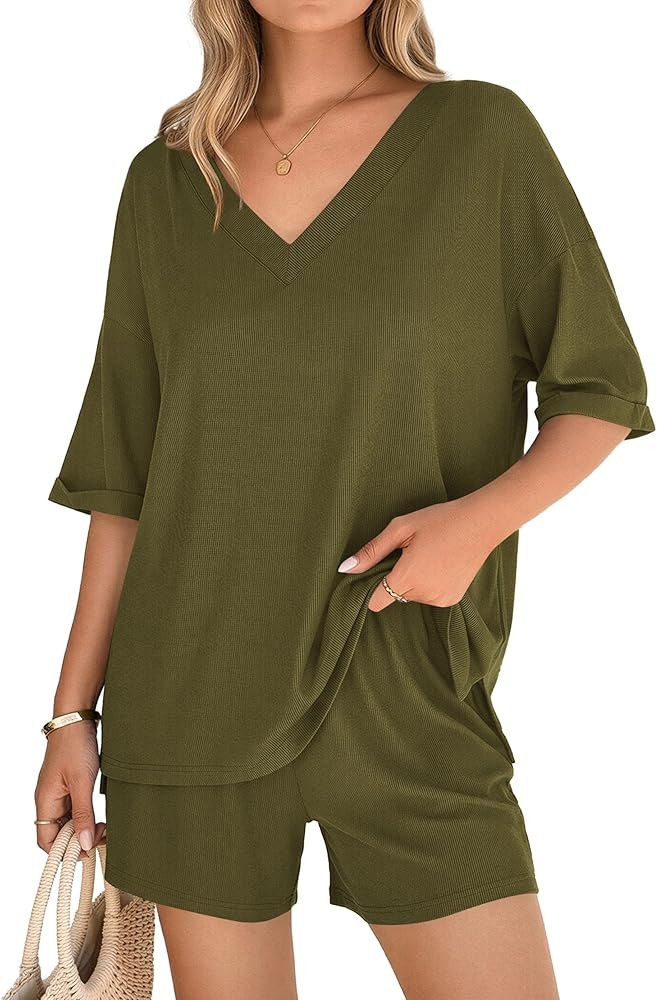 PRETTYGARDEN Womens 2 Piece Sets 2026 Oversized Vneck Half Sleeve Tops Shorts Lounge Set Casual S... | Amazon (US)
