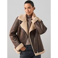 The Very Collection Faux Shearling Distressed Aviator Jacket - Brown | Very (UK)