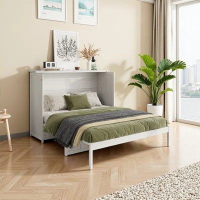 Queen Size Murphy Bed with Large Drawers & USB Charging – Wall-Mounted Fold-Down Storage Bed, Brushed White | Wayfair North America