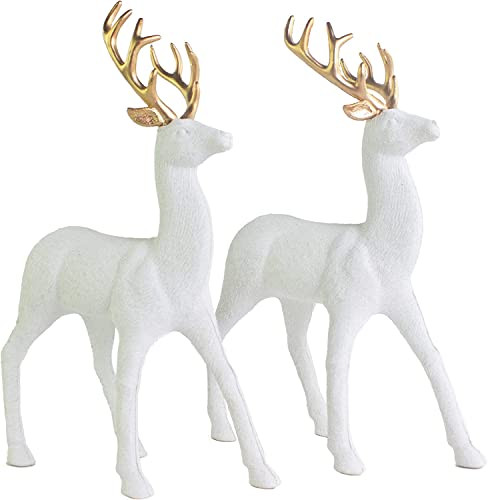 GEDLIRE Christmas Reindeer Figurine Decoration 2 Pcs, Winter Holiday Elk Resin Lucky Deer Ornaments, Standing Reindeer Statues Xmas Home Decor for Living Room, Bedroom, TV & Wine Cabinets, White | Amazon (US)