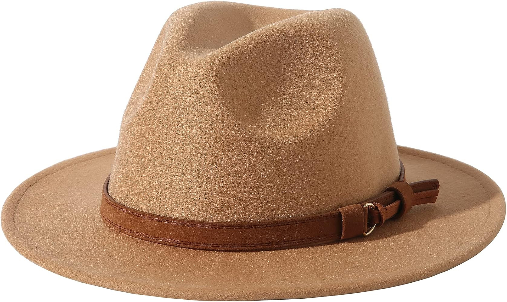 Lanzom Women Men Retro Style Wide Brim Panama Hat Belt Buckle Wool Fedora Hat | Amazon (US)