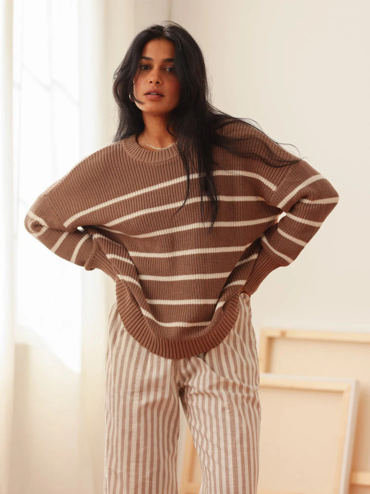 Shelter Cotton Crew Neck Sweater Mocha Stripe | Tradlands