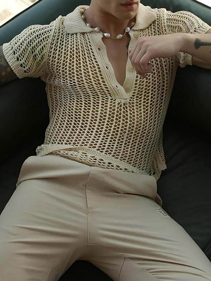Men Fashionable Solid Color Hollow-Out Knitted Crochet Sweater | SHEIN USA | SHEIN