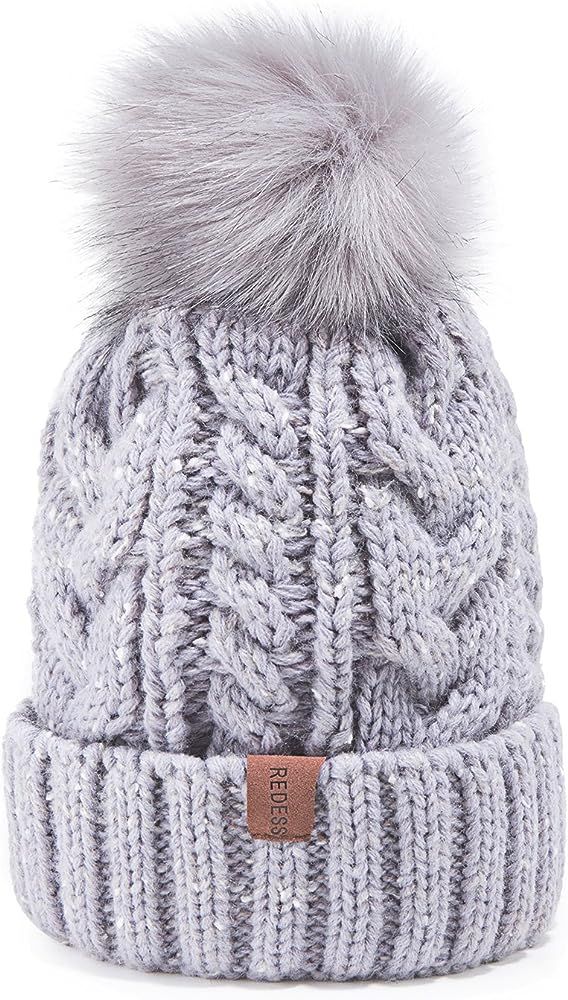 Women Winter Pompom Beanie Hat with Warm Fleece Lined, Thick Slouchy Snow Knit Skull Ski Cap | Amazon (US)