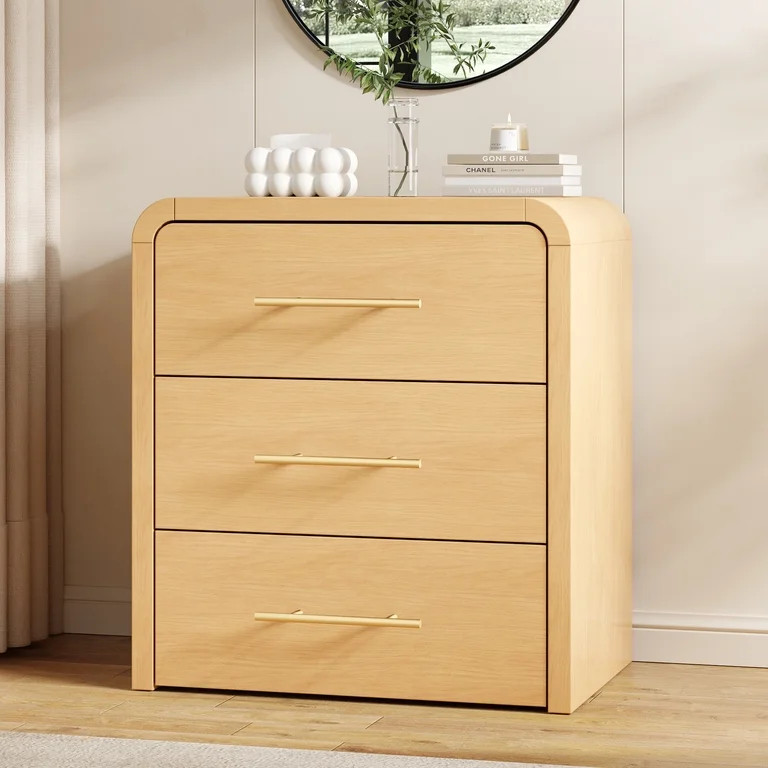 Modern Nightstand with 3 Drawers , Wooden Bedside Table with Curved Design and Metal Handles, Lar... | Walmart (US)