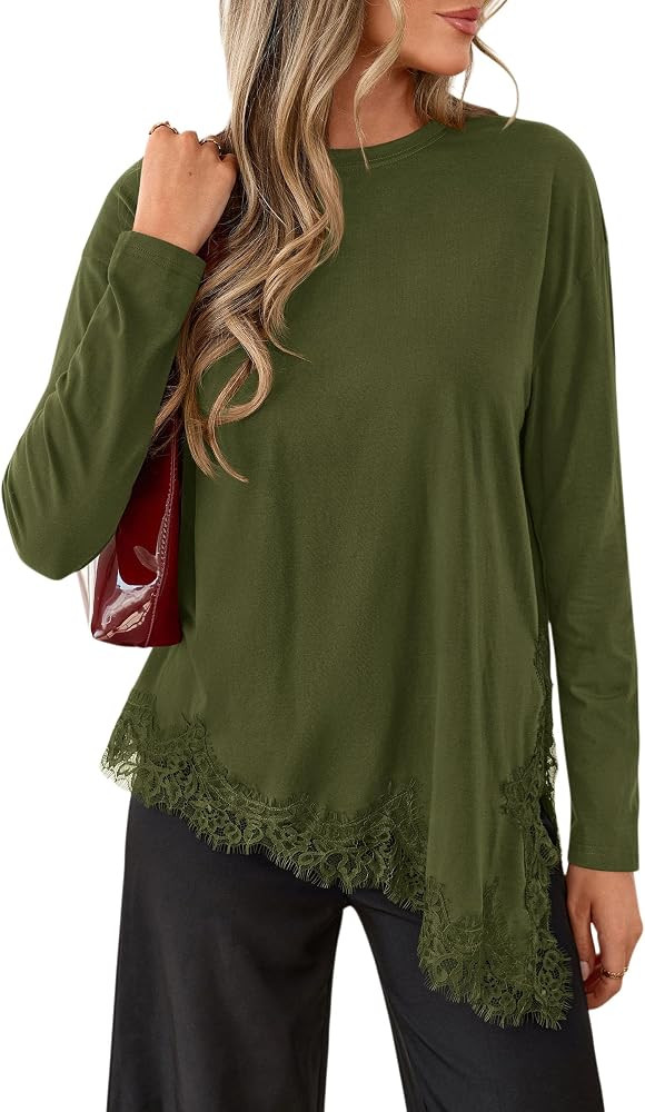 PRETTYGARDEN Women's Long Sleeve Asymmetrical Lace Tops Fall | Amazon (US)