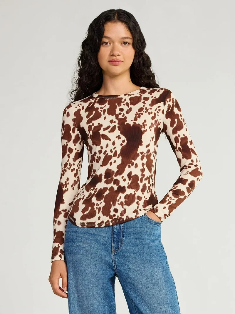 No Boundaries Ribbed Crewneck Tee with Long Sleeves, 1 or 2-Pack, Women's | Walmart (US)