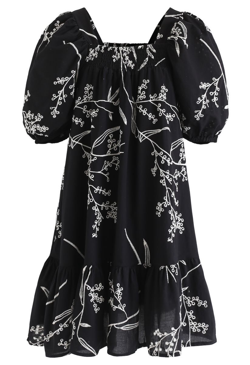 Wildflowers Embroidered Puff Sleeves Dolly Dress in Black | Chicwish