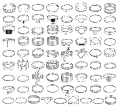 XIUQILAI 73 Pcs Silver Rings for Women, Silver Knuckle Stackable Chunky Snake Grunge Rings Set, Y2K Gothic Silver Rings Non Tarnish, Vintage Boho Heart Butterfly Ring Pack Jewelry Gifts for Women | Amazon (US)