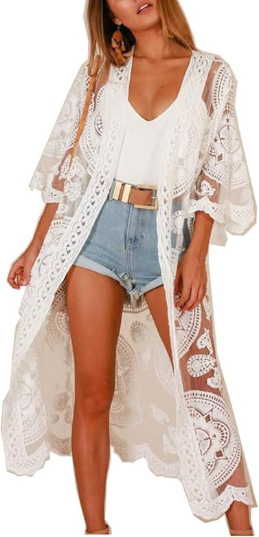JDiction Women Swimsuit Cover Up Bathing Suit Kimono Long Beach Dress Floral Lace Bikini Swim Coveru | Amazon (US)