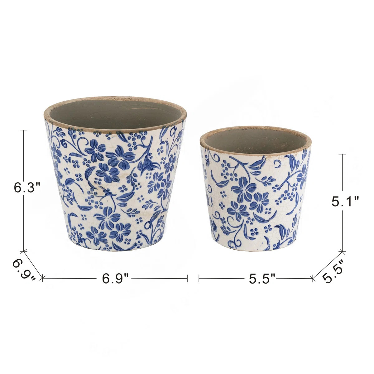 S/2 Blue And White Ceramic Planters With Floral Motif | Wayfair North America