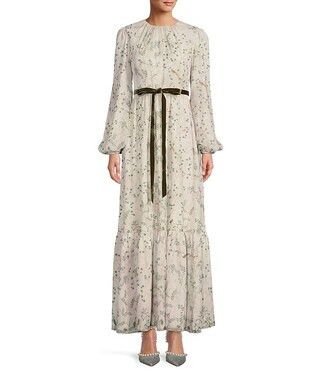 Antonio Melani x Nicola Bathie Sophia Printed Chiffon Long Blouson Sleeve Jewel Neck Velvet Ribbo... | Dillard's