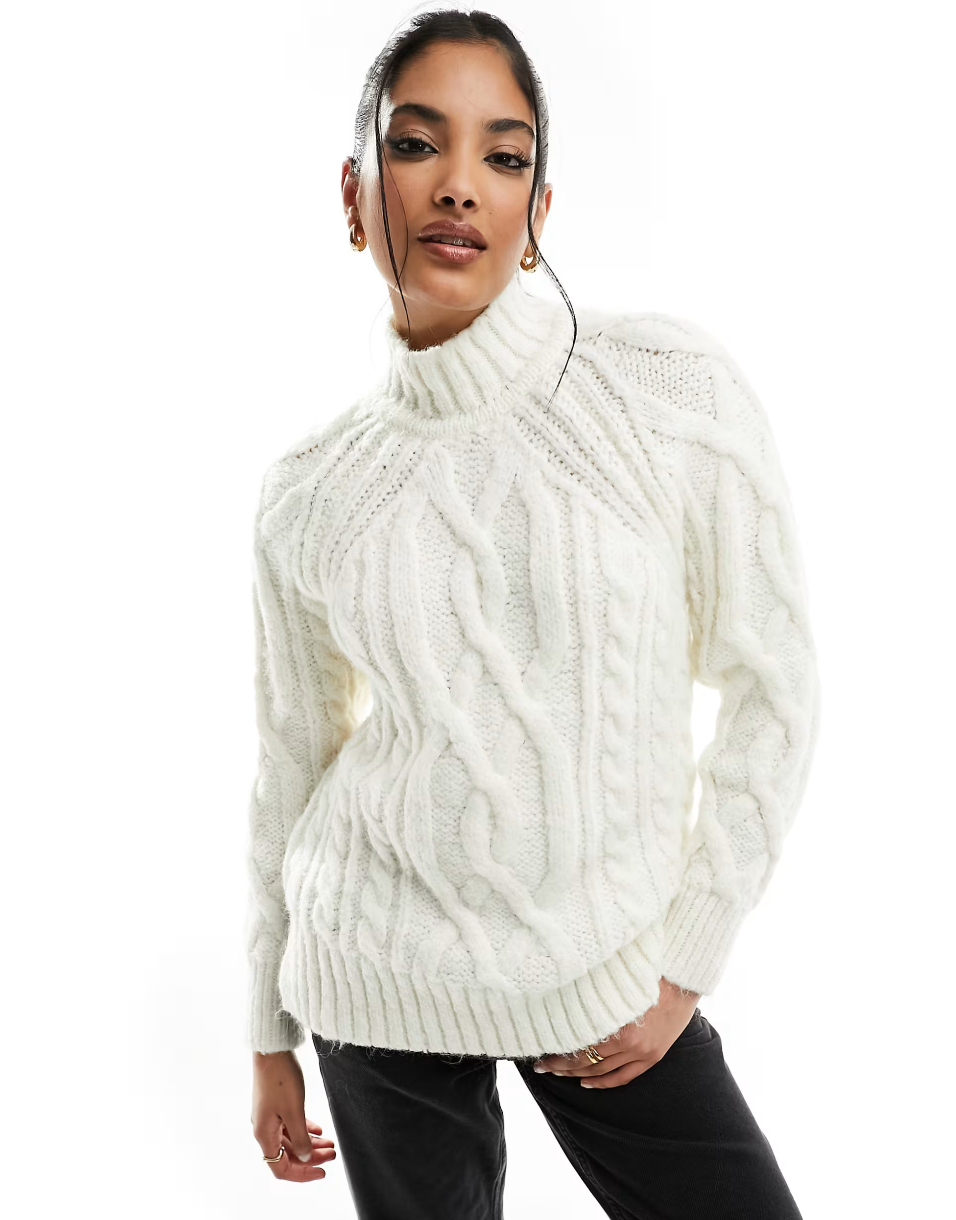 Superdry high neck cable knit jumper in Off White | ASOS (Global)