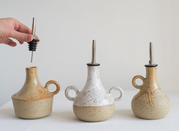 Stoneware bottle for oil with handle, beige speckled clay with a white glossy glaze, ceramic hand... | Etsy (US)