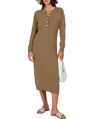 ANRABESS Women Sweater Dress Long Sleeve Button V Neck Oversized Casual Loose Fall Waffle Knit Lo... | Amazon (US)