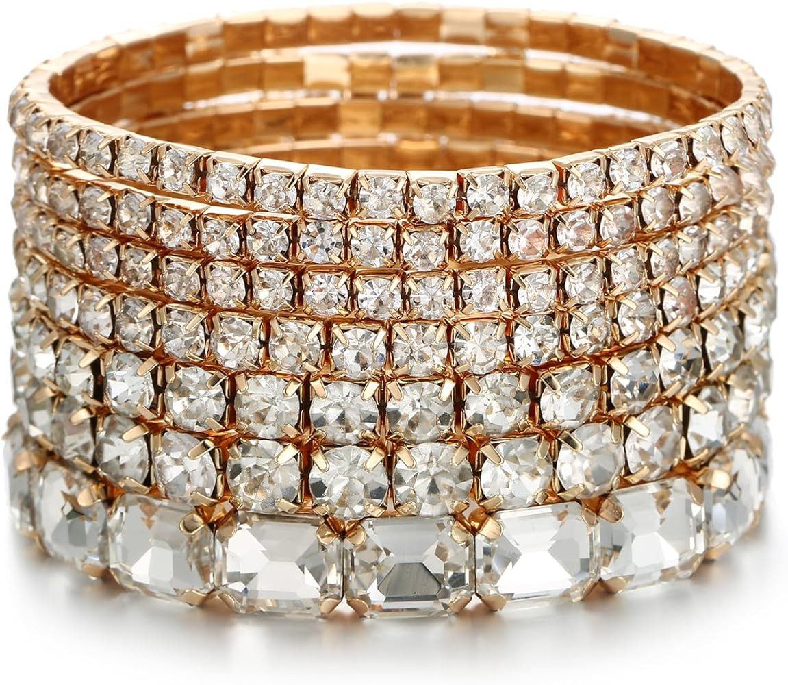 7 PCS Crystal Stretch Bracelets for Women, Bridal Wedding Stackable Layered Rhinestone Bracelets ... | Amazon (US)