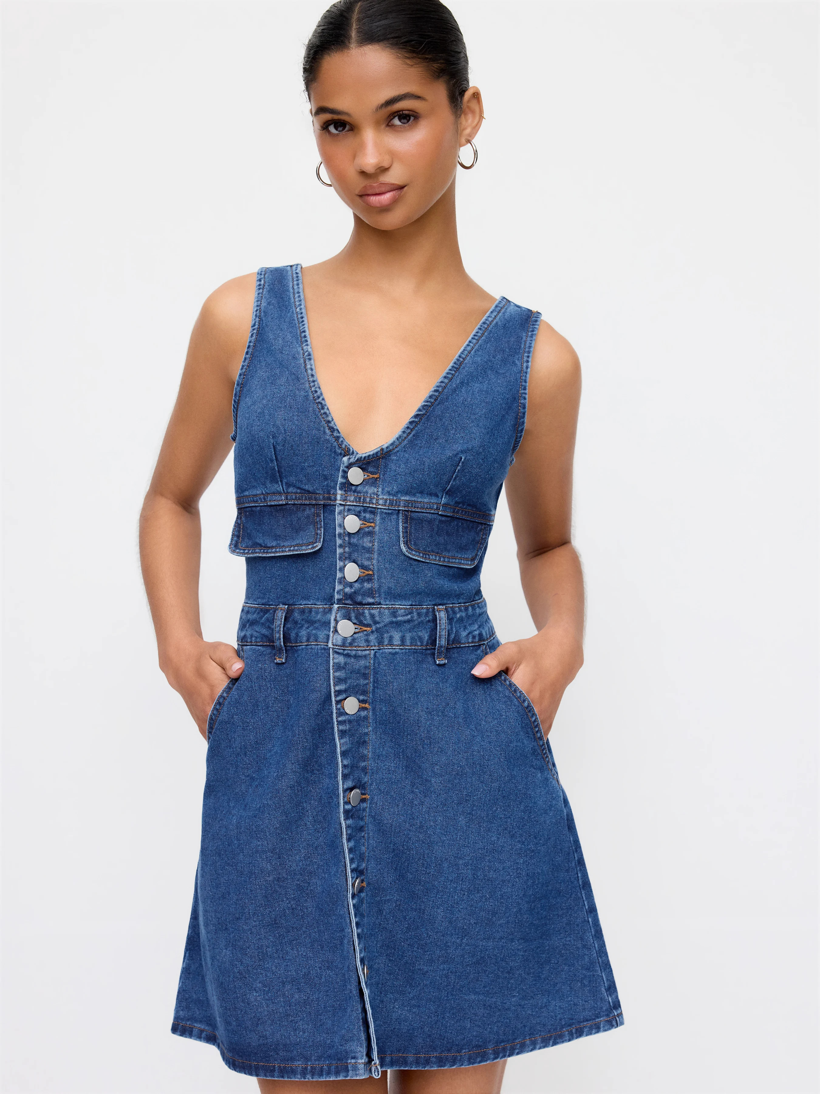 Cider Denim V-Neck Metal Detail Oversized A-line Mini Dress | Cider
