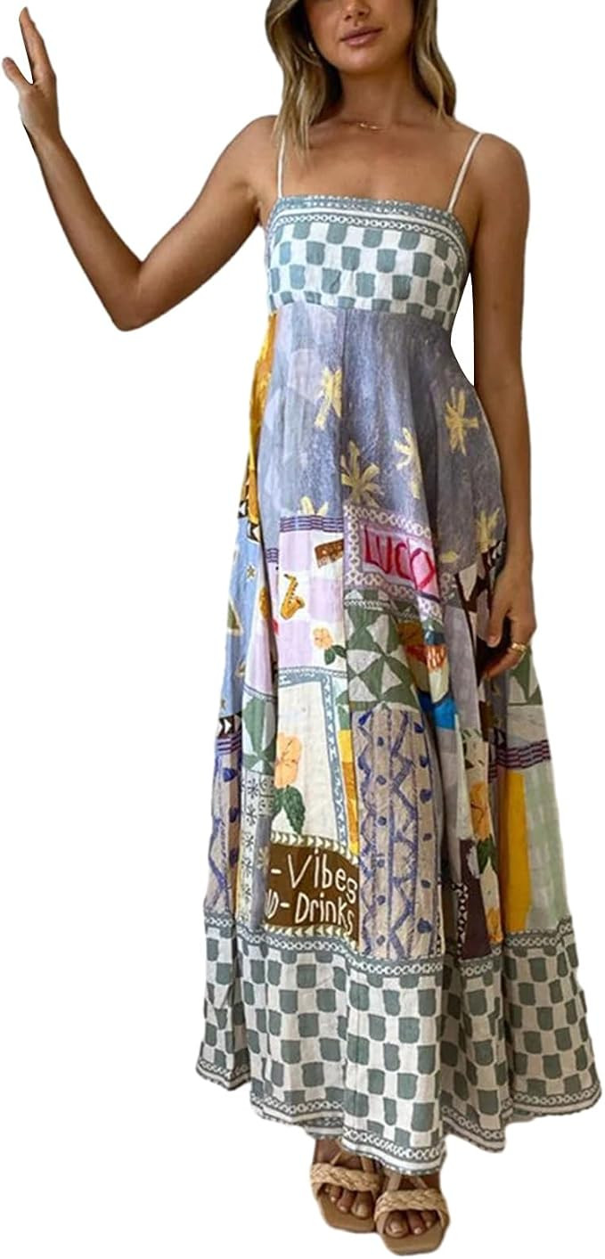 Women Cute Print Maxi Cami Dress Loose Sleeveless Spaghetti Strap Boho Dress Flowy Graffiti Long ... | Amazon (US)