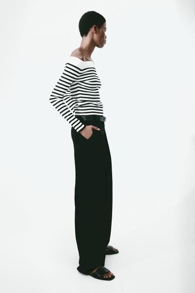 Rib-knit off-the-shoulder top - White/Black striped - Ladies | H&M GB | H&M (UK, MY, IN, SG, PH, TW, HK)