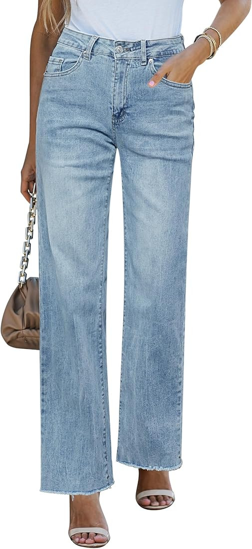 GRAPENT Straight Leg Jeans for Women High Waisted Stretchy Frayed Raw Hem Loose Denim... | Amazon (US)