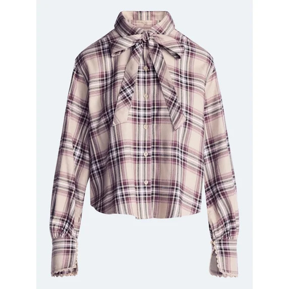 Scoop Women's and Women's Plus Plaid Bow Shirt, Sizes XS-4X | Walmart (US)
